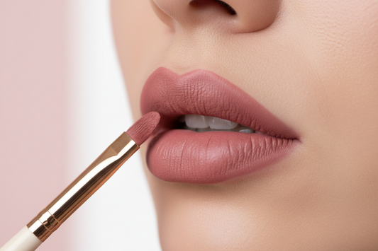 Woman applying matte lipstick with a lip brush for smooth, even coverage