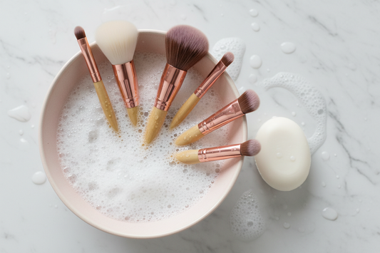 Makeup brushes being cleaned with gentle soap on a marble surface