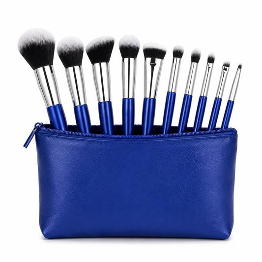 10-piece blue makeup brush set with soft synthetic bristles on a white background.