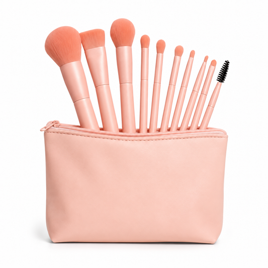 10-piece pink makeup brush set with soft synthetic bristles on a white background.