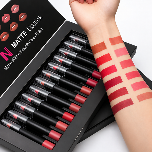 12-piece velvet matte lipstick set with assorted lip color swatches displayed on a white background.