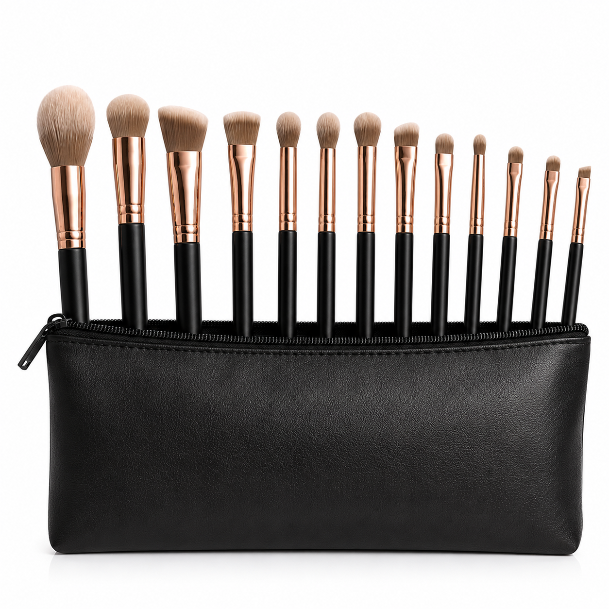 13-piece black makeup brush set neatly arranged inside a matching cosmetic pouch on a white background.