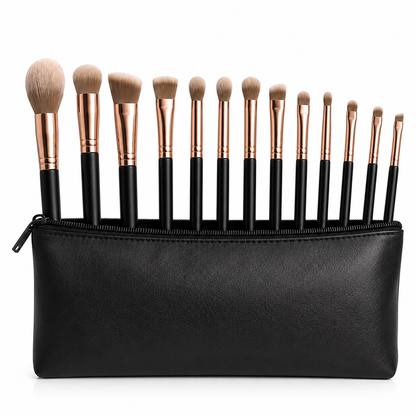 13-piece black makeup brush set neatly arranged inside a matching cosmetic pouch on a white background.