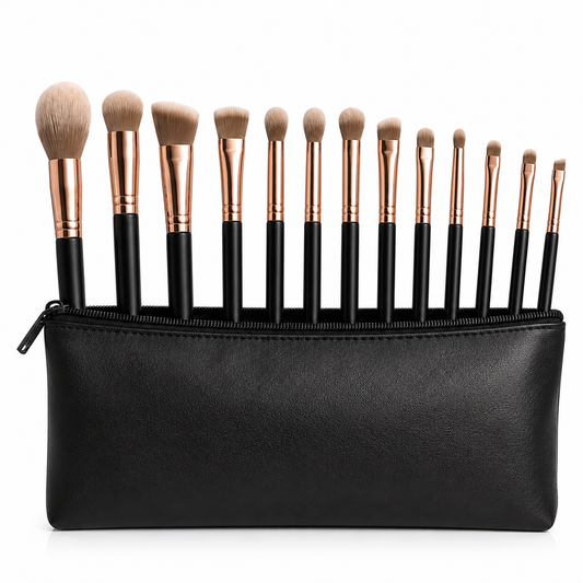 13-piece black makeup brush set neatly arranged inside a matching cosmetic pouch on a white background.