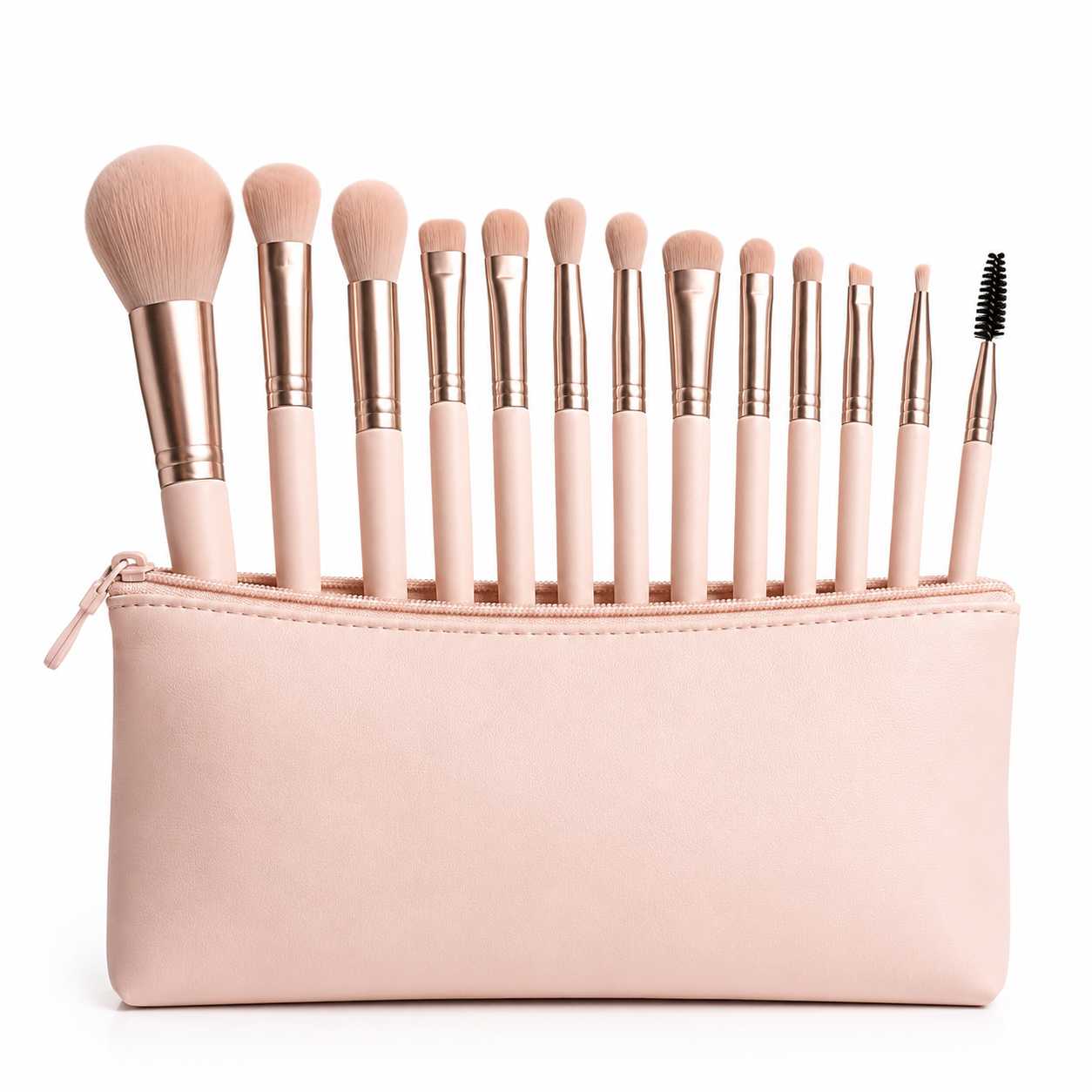 13-piece pink makeup brush set neatly arranged inside a matching cosmetic pouch on a white background.