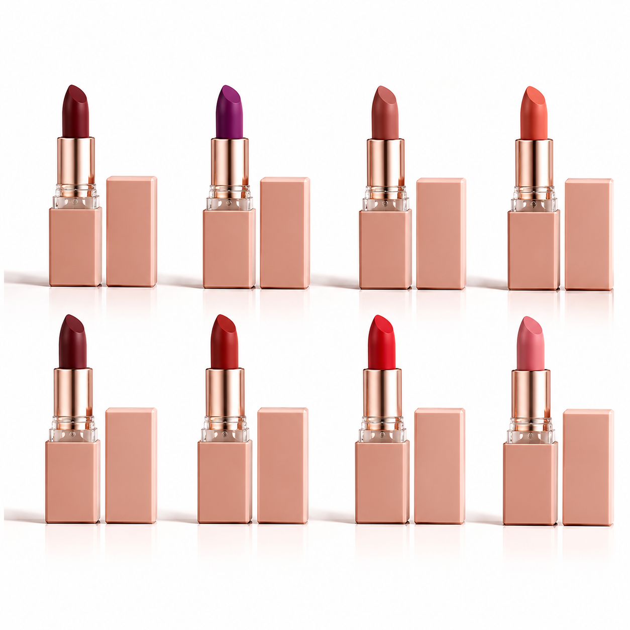 8-piece matte lipstick set with assorted shades displayed on a white background.