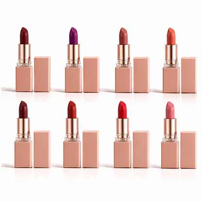 8-piece matte lipstick set with assorted shades displayed on a white background.