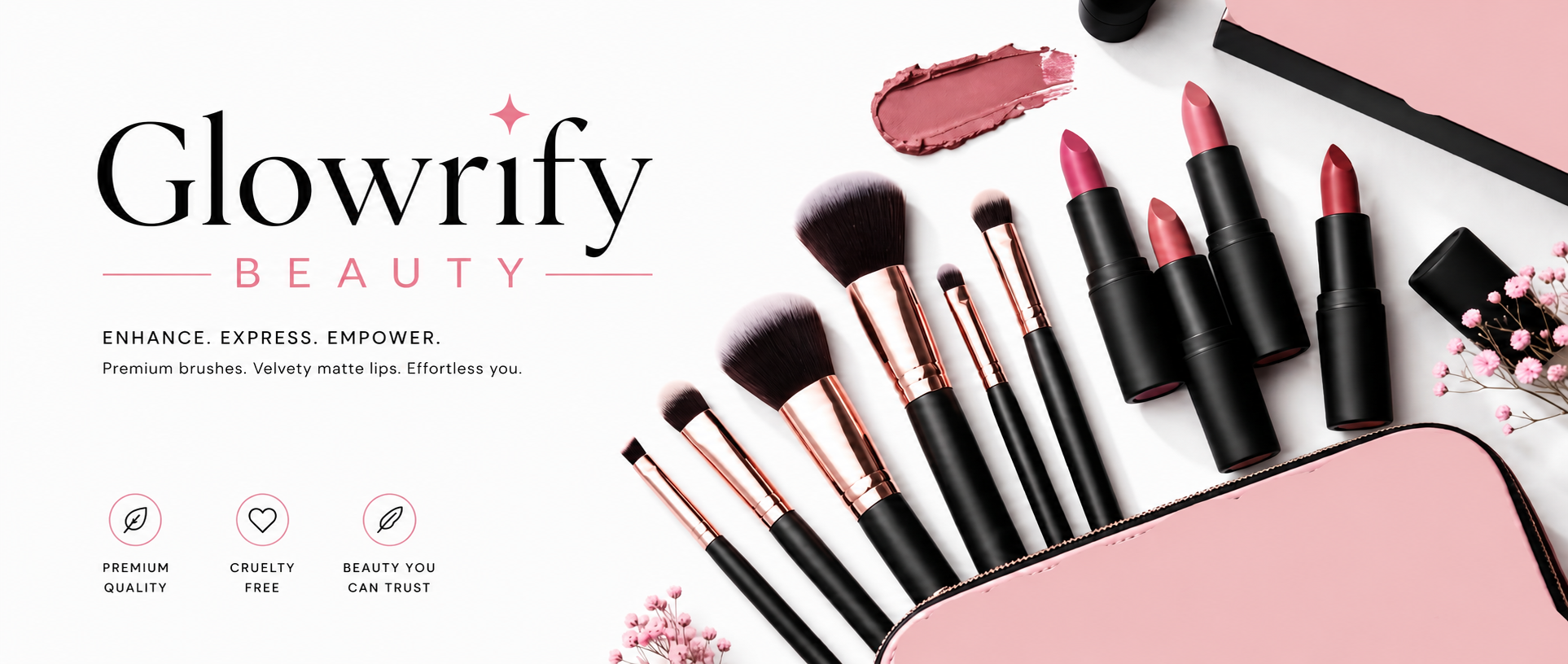 Makeup brushes and lipsticks with 'Glowrify Beauty' branding on a white background.