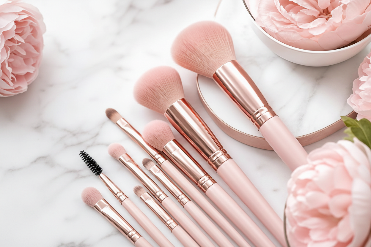 Set of pink makeup brushes with rose gold handles on a marble surface with flowers.