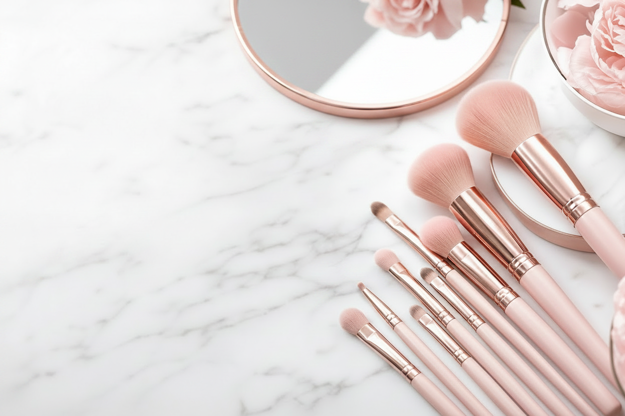 Set of makeup brushes with rose gold handles on a marble surface with pink flowers.